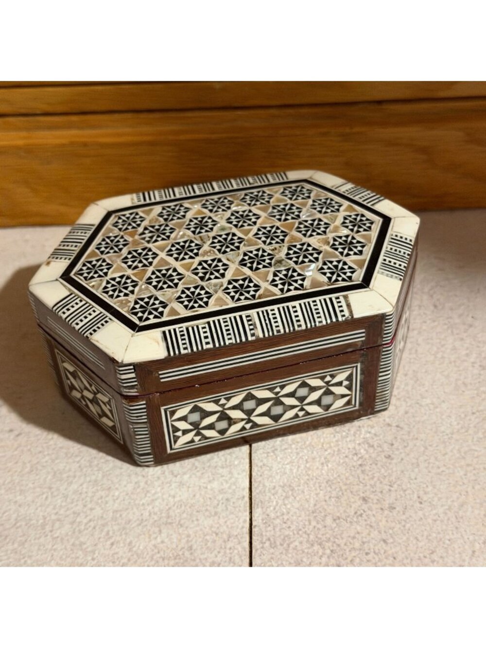 Vintage Egyptian Marquetry Mosaic Hexagonal Jewelry Box Mother of Pearl 5"